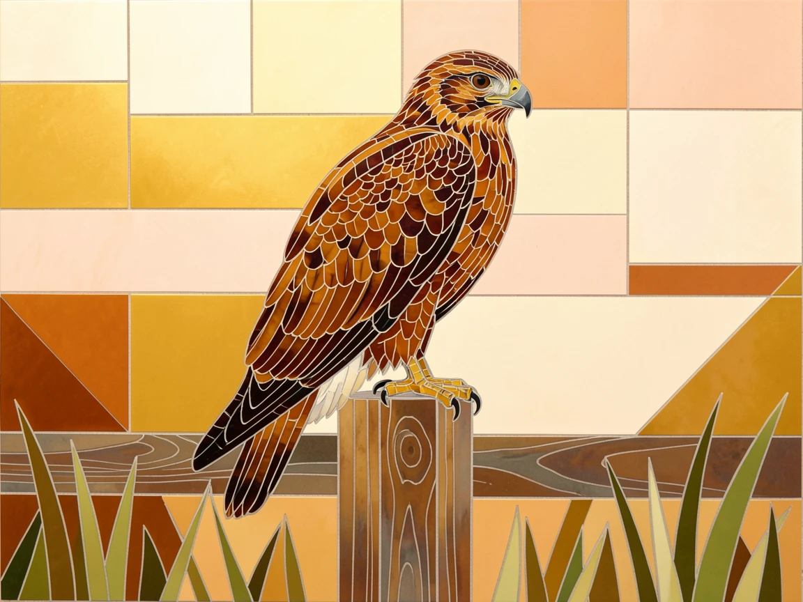 A hawk perched on a fence post at golden hour.
