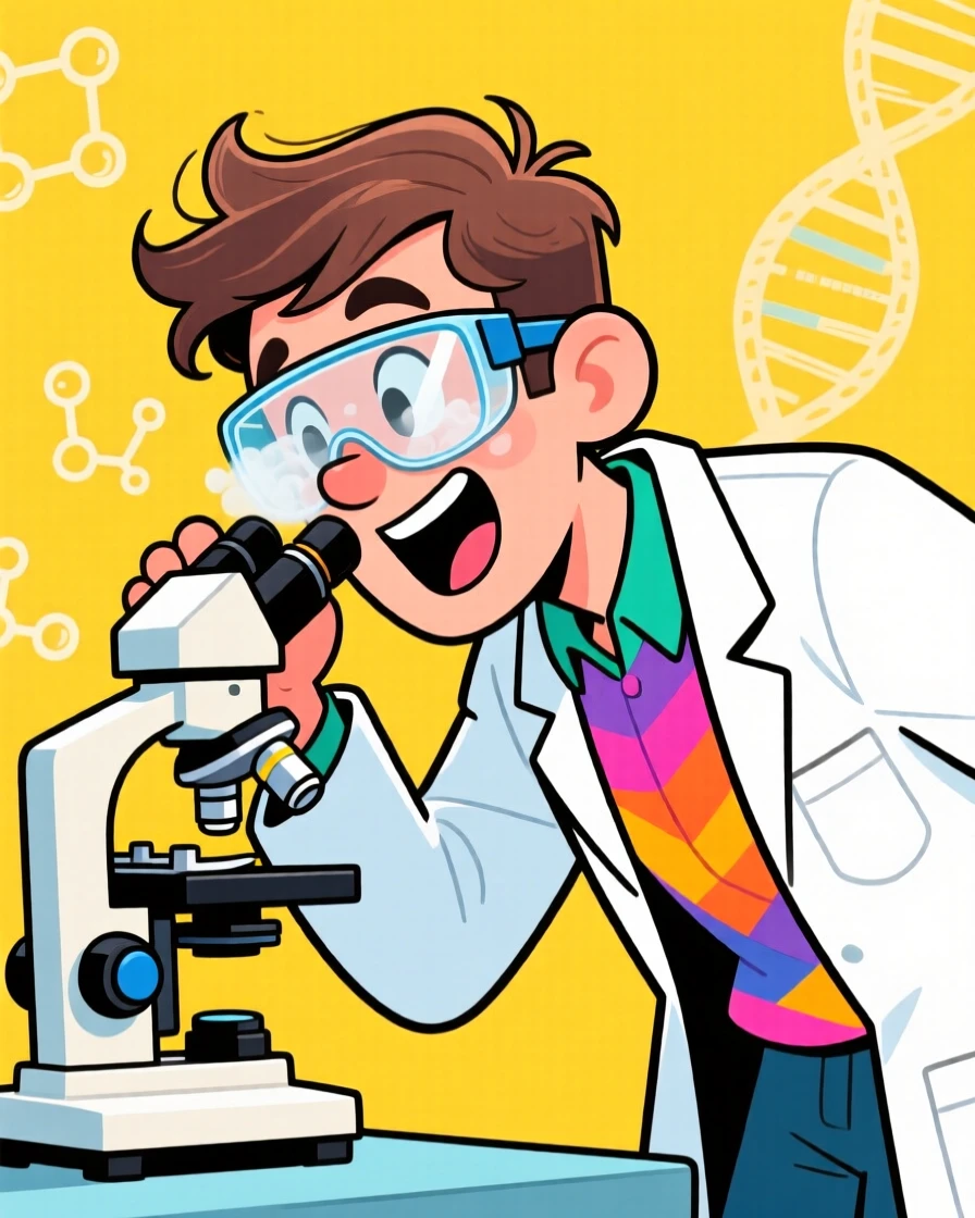 A vibrant profession-themed portrait of a diligent scientist peering through a microscope, safety goggles fogged up with excitement.
