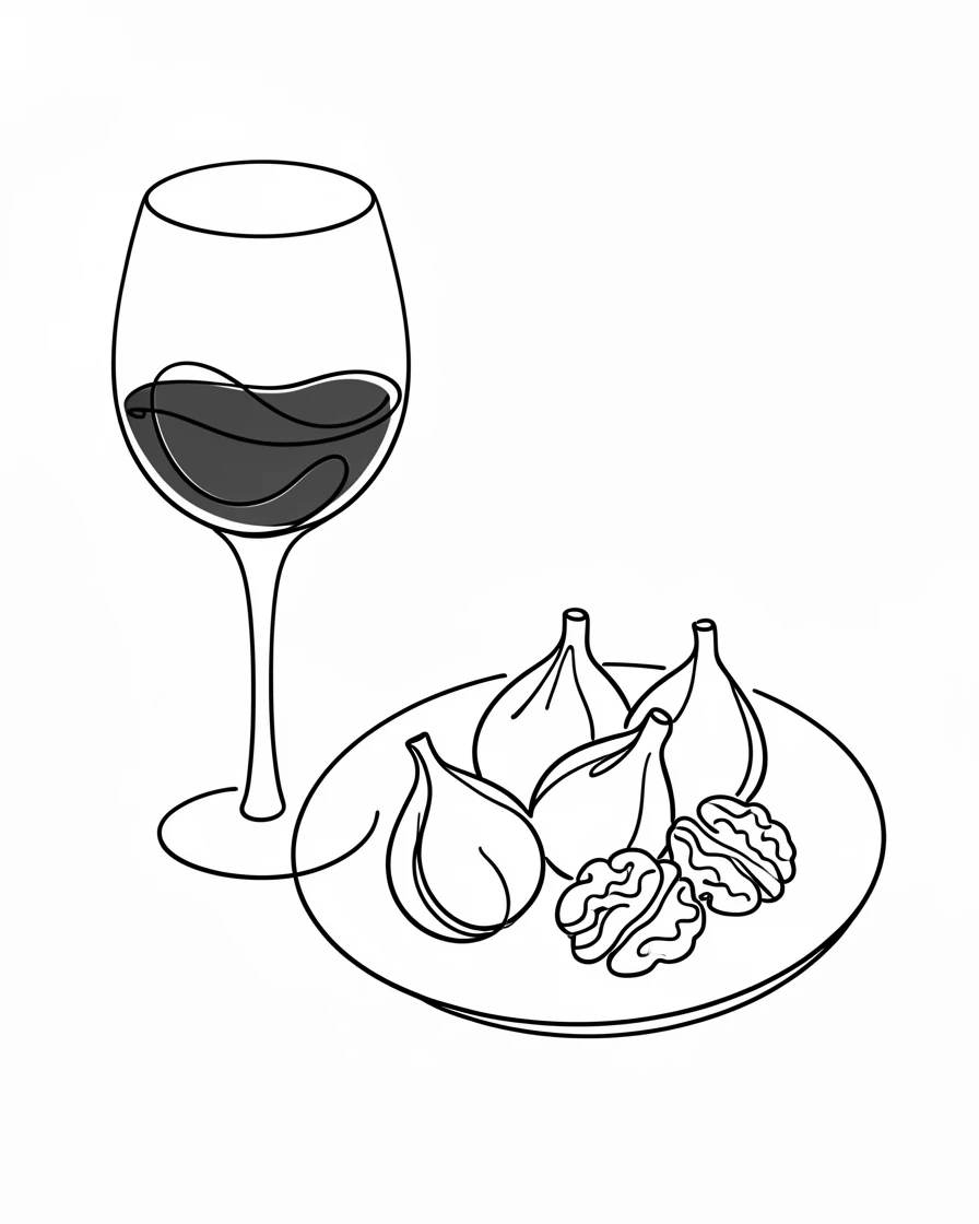 A glass of red wine beside a plate of fresh figs and walnuts