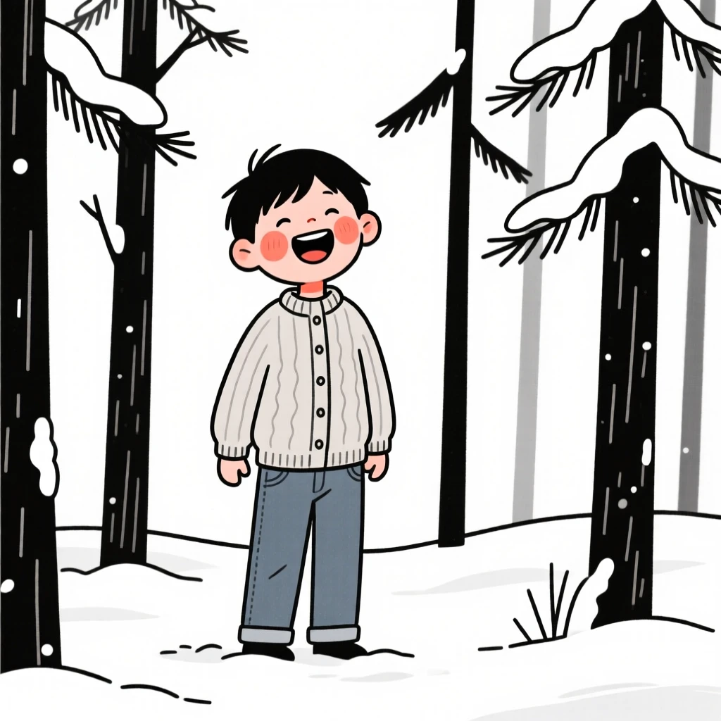 A nine-year-old boy in a soft cardigan and jeans, laughing joyfully, in a snow-covered pine forest.