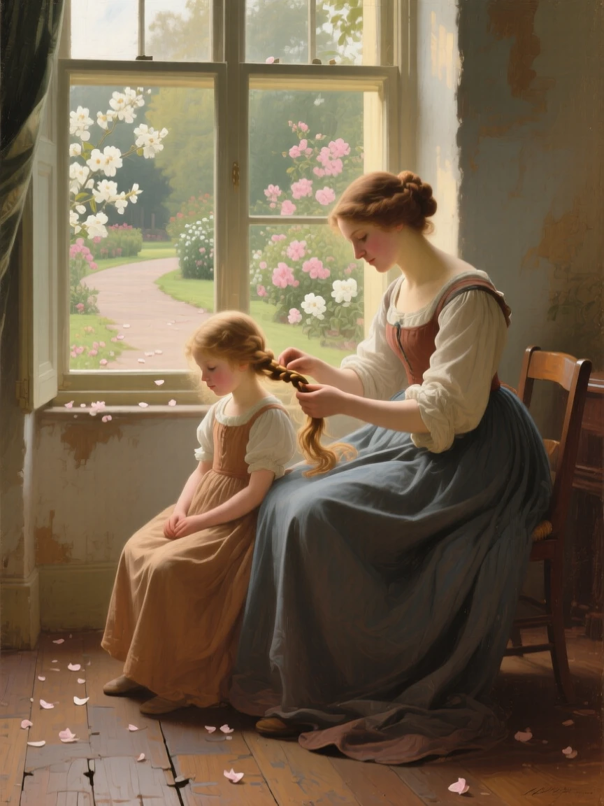 A mother braiding her daughter's hair by a sunlit window as laughter and love fill an otherwise ordinary afternoon, set beside a garden path scattered with fallen blossoms, with worn, familiar surroundings that speak of years shared together; a soft, blurred background keeps the emotional connection in sharp focus, radiating warmth, comfort, and belonging.