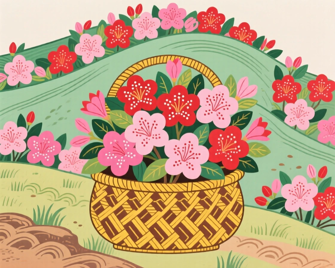 A still arrangement of azaleas covering a hillside in a woven bamboo basket.
