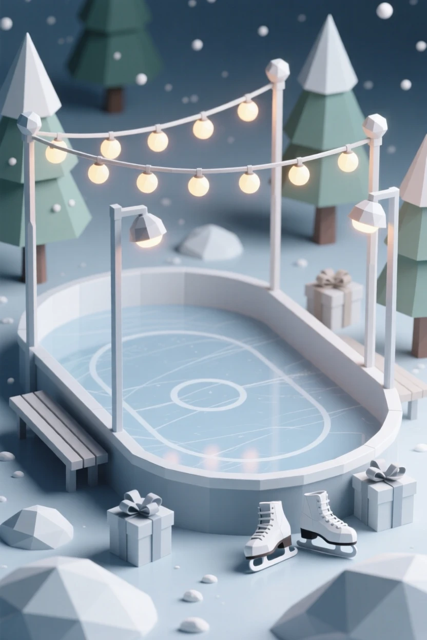 A winter ice-skating rink glowing under string lights, under strings of warm twinkling lights. small charming details enrich the festive setting. It captures a moment of pure celebration.