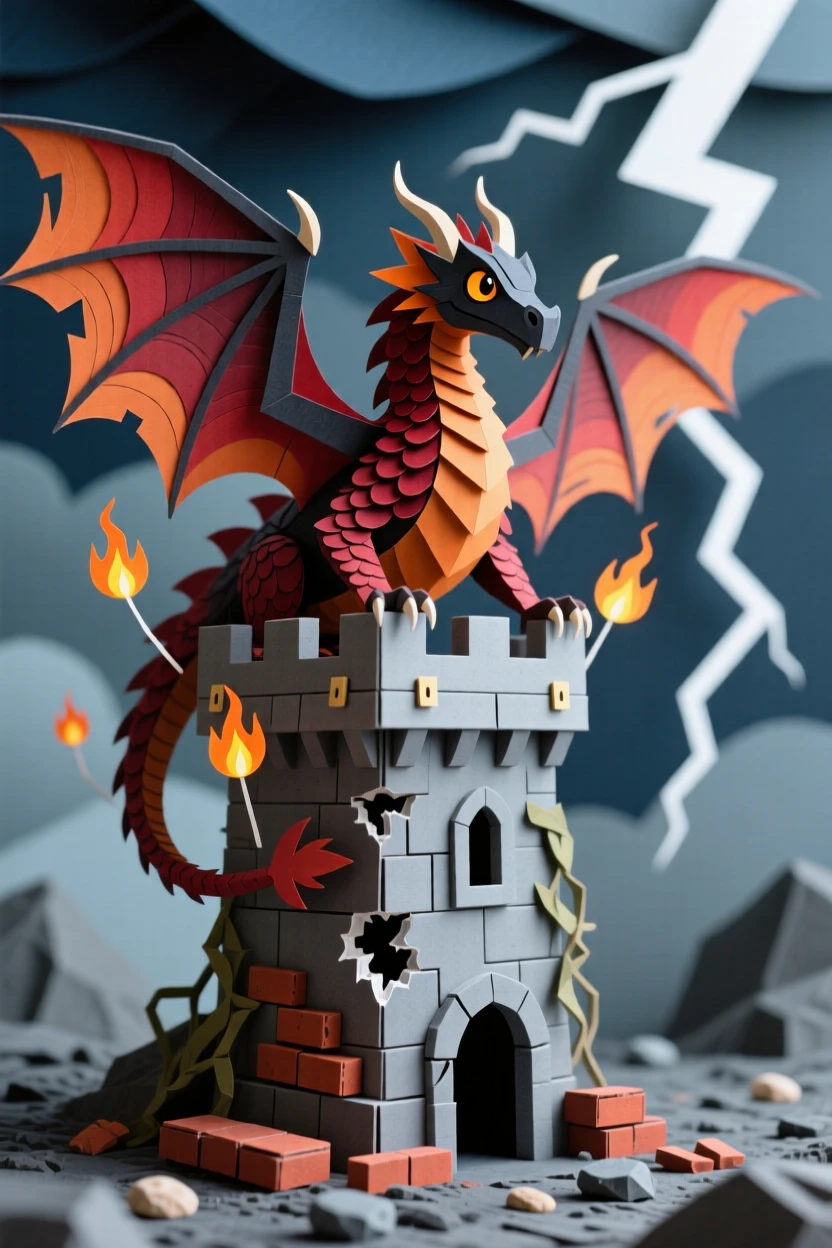 A majestic dragon perched atop a crumbling castle tower, wings unfurled against a stormy sky lit by distant lightning, embers glowing faintly around its scales, evoking ancient power and mystery.