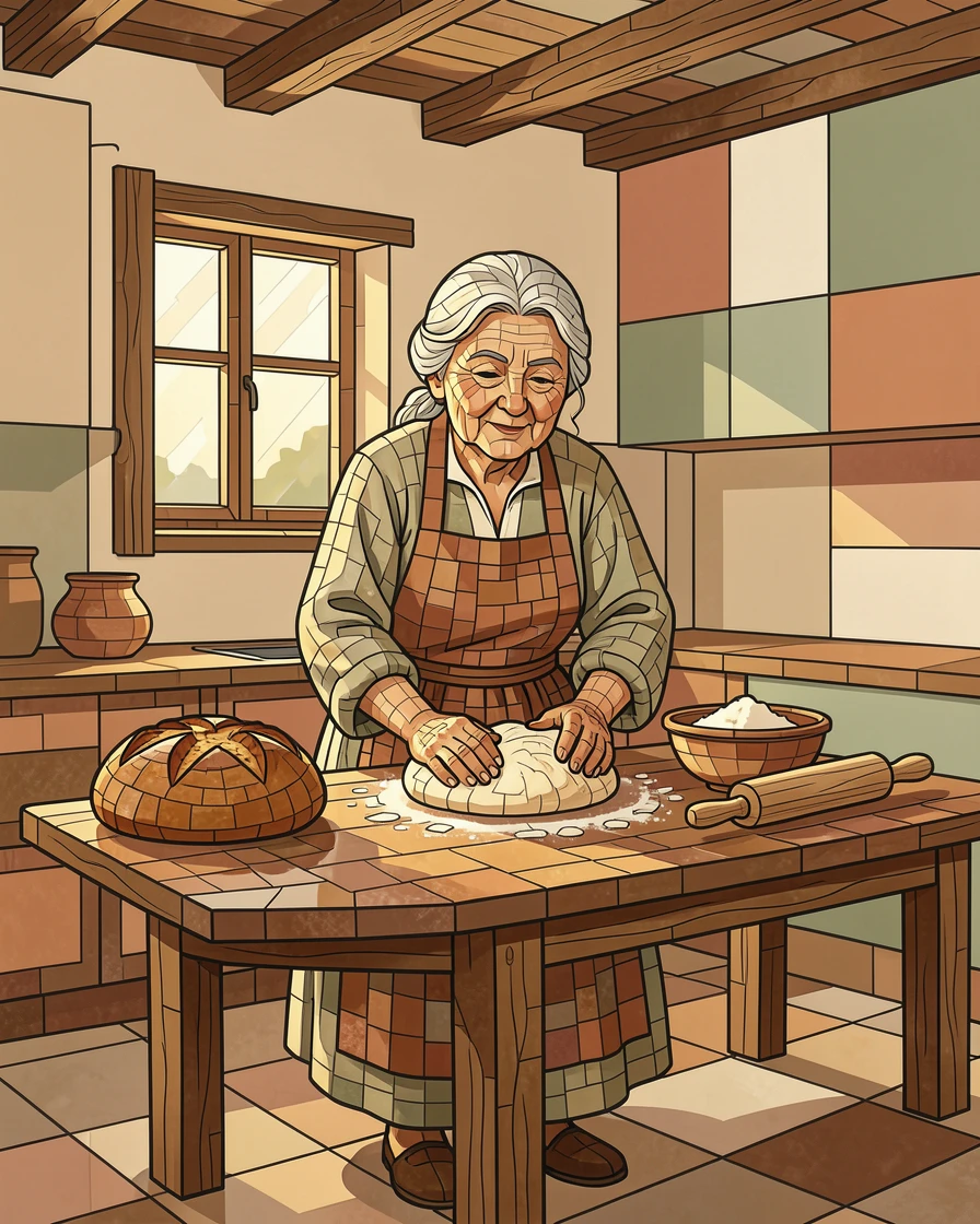 A grandmother baking bread in a warm rustic farmhouse kitchen.