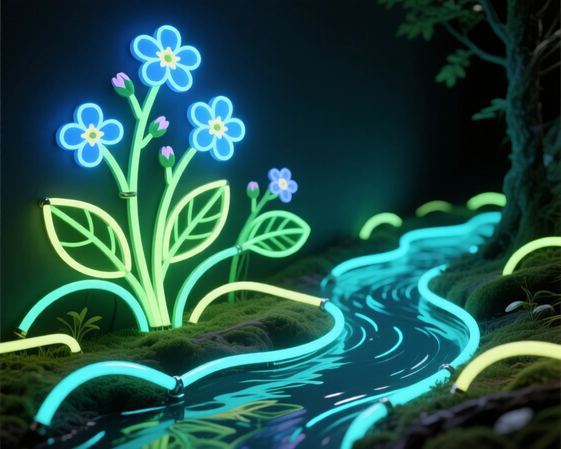 A patch of forget-me-nots growing along a woodland stream.