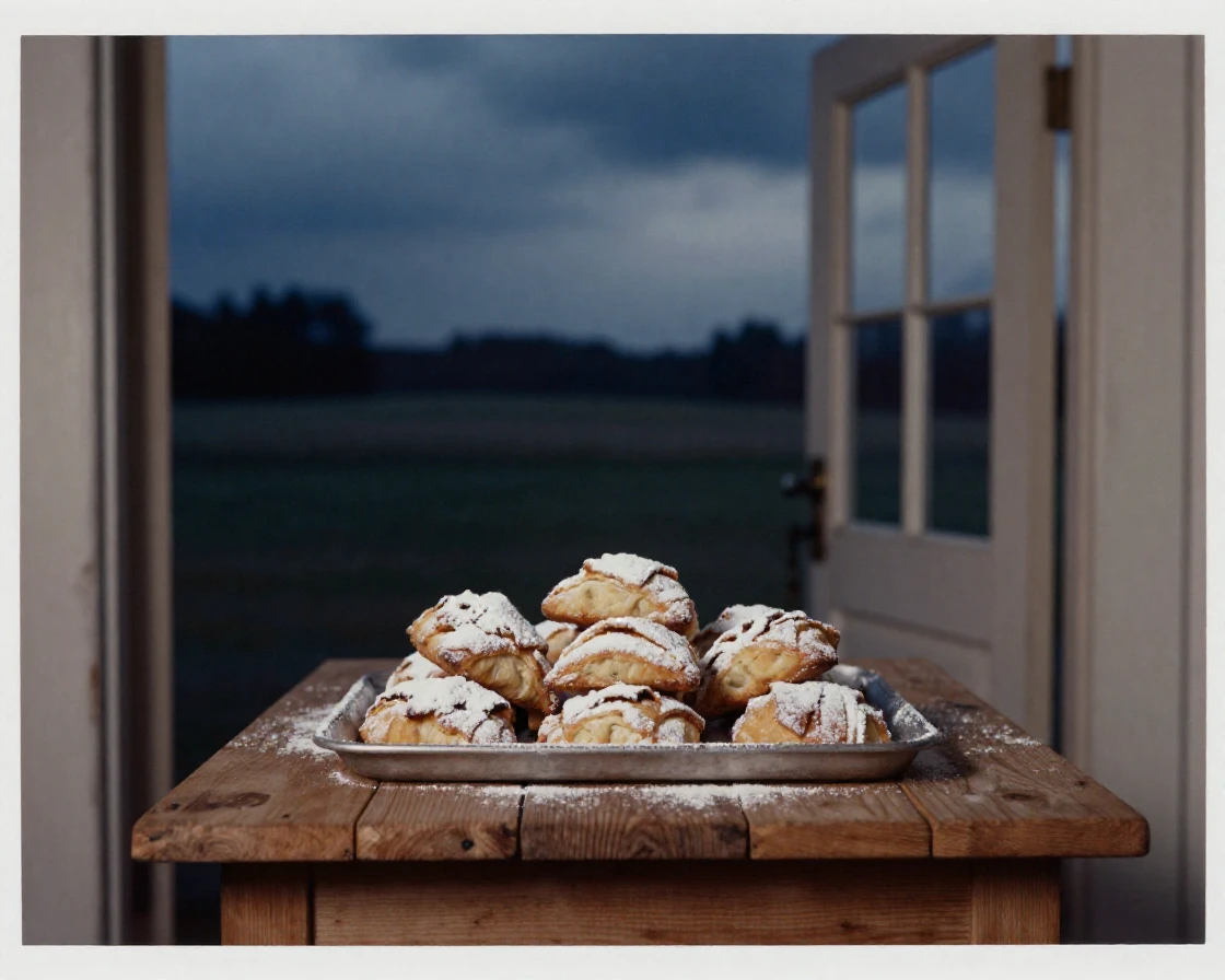 A tray of freshly baked pastries dusted with powdered sugar, in cool blue twilight, under a darkening storm sky, in the height of summer, with a soft sepia-tinted glow, framed through an open doorway.
