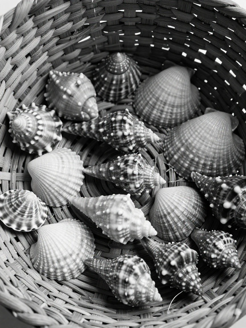 A collection of seashells sits arranged by size and color atop a woven beach basket.