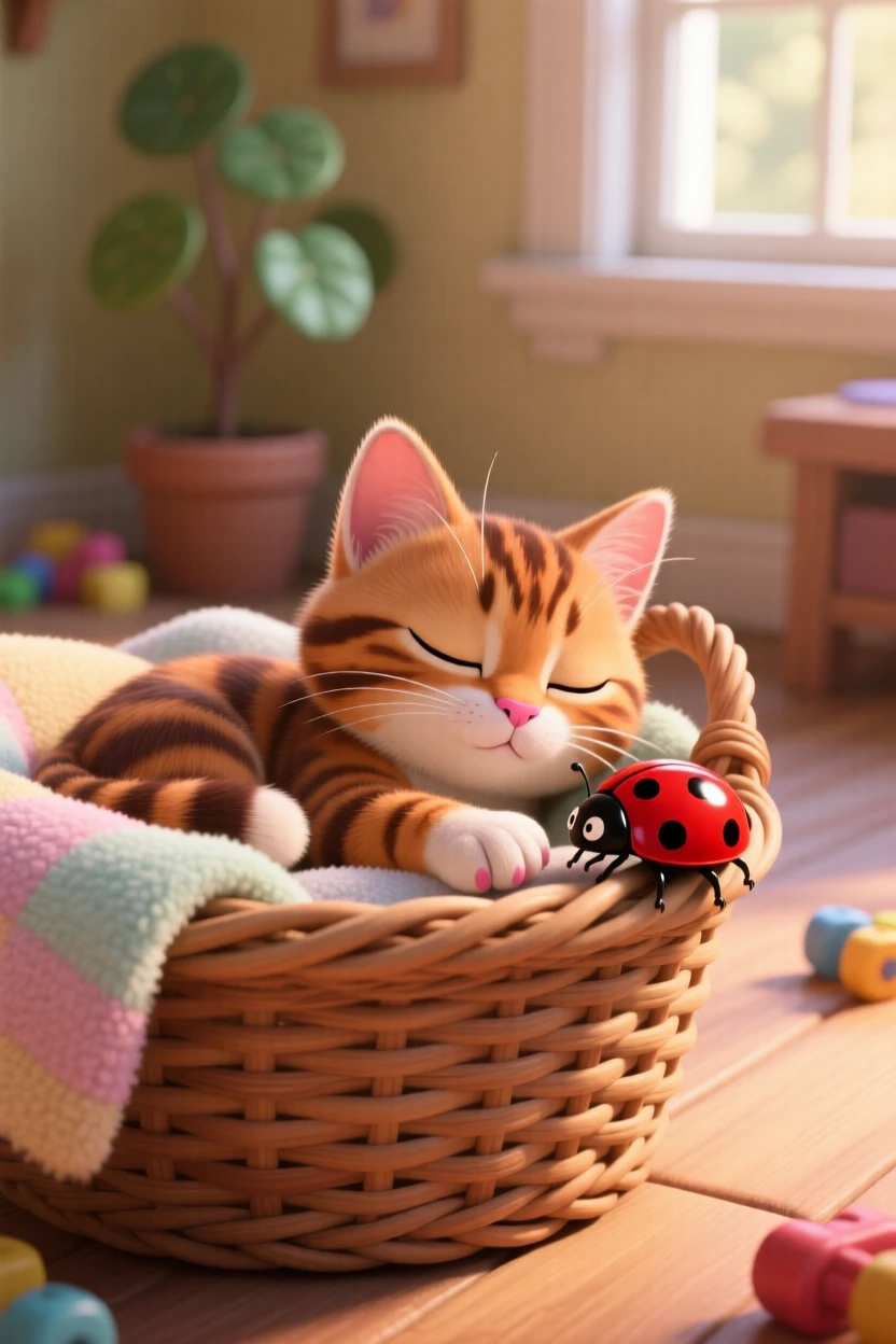 A tabby kitten is napping in a wicker basket lined with soft blankets, watching a ladybug crawl by. Playful joy radiates from the small creature, with soft shadows framing the scene.