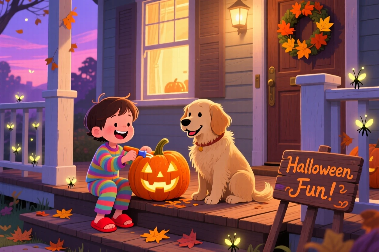 A young child in pajamas laughs while carving a jack-o'-lantern on the porch together with a beloved family dog, as fireflies begin to twinkle.