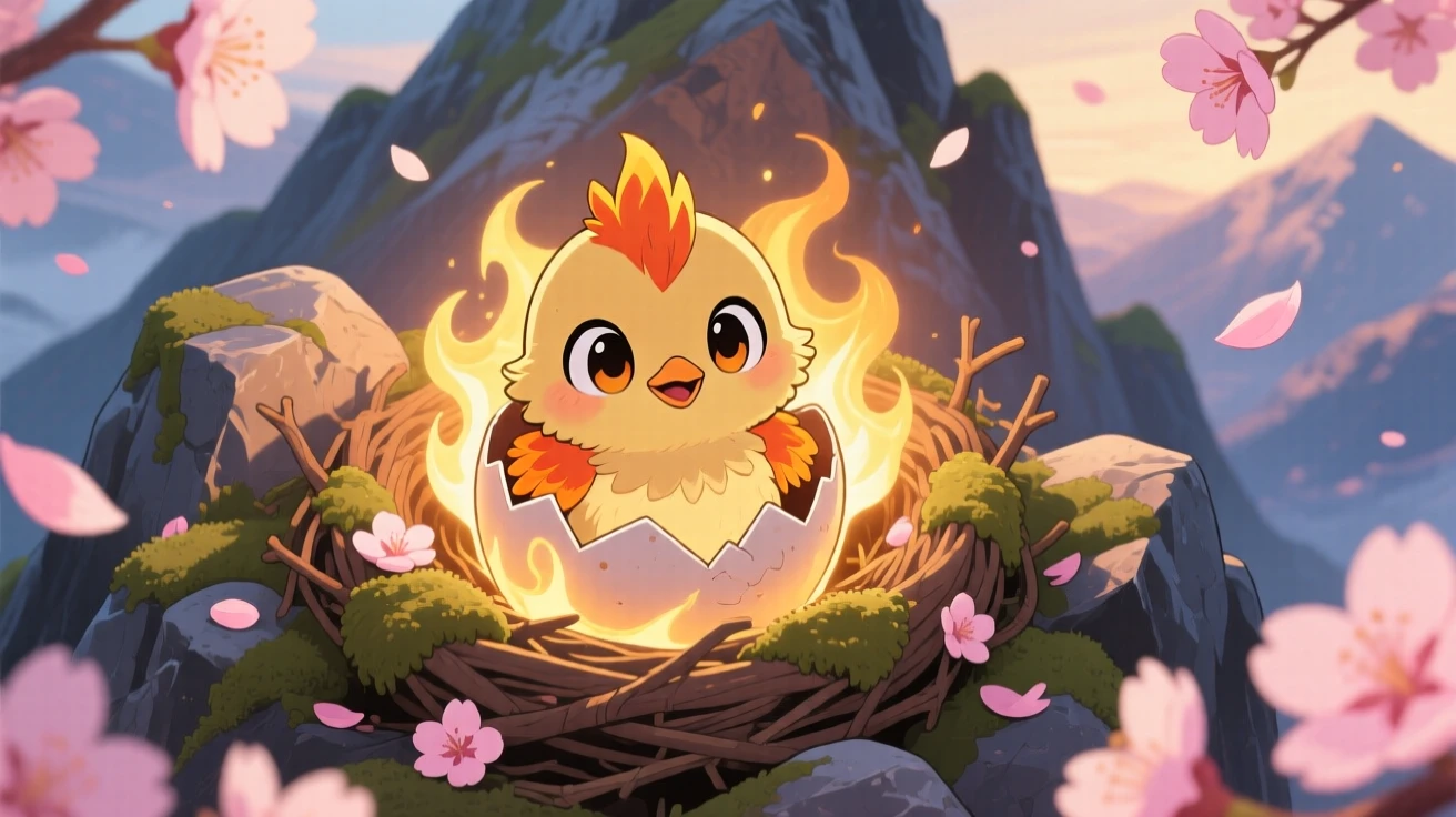 High aerial view: a phoenix chick, hatching in a burst of gentle golden flame, set against a mountaintop nest as cherry blossom petals drift on the breeze, with cozy firelight and a mood of playful mischief.