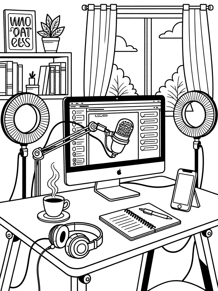 A streaming setup with ring lights and a microphone, with a cup of coffee steaming nearby.
