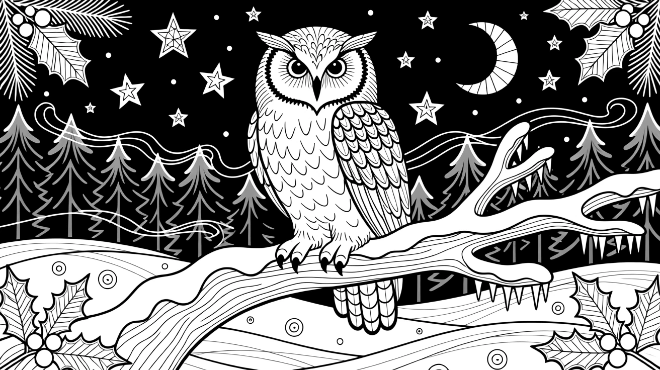 A snowy owl perched on a frost-covered branch at night.