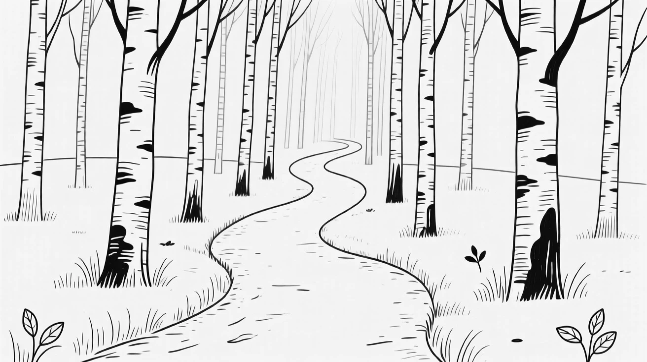 A quiet forest path winding through tall birch trees