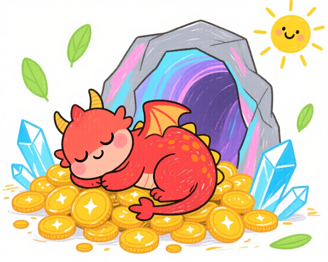 A tiny dragon curled up asleep on a pile of gold coins near a crystal cave glowing with soft light.
