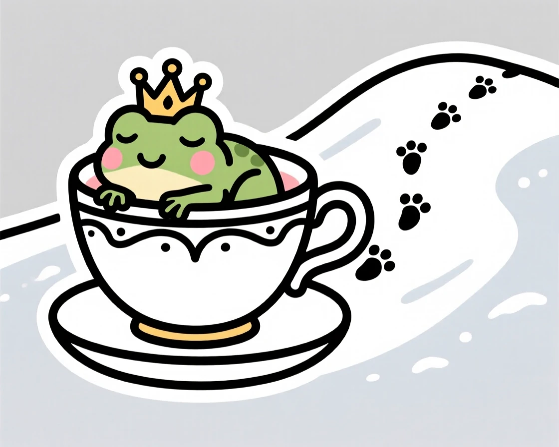 A blushing little frog prince napping inside a teacup, on a snowy hill with tiny footprints trailing behind.