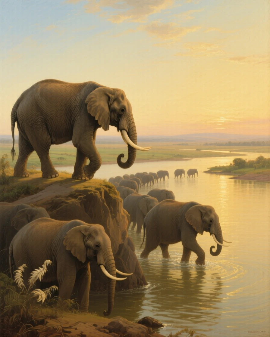 A herd of elephants crossing a wide river at golden hour in a fleeting instant of natural beauty rarely witnessed, set atop a windswept ridge overlooking a vast, open landscape, with feathers, fur, or manes catching the light in fine, luminous detail; the animal is placed off-center to leave room for the vast, breathing landscape, suggesting the timeless harmony between nature and spirit.