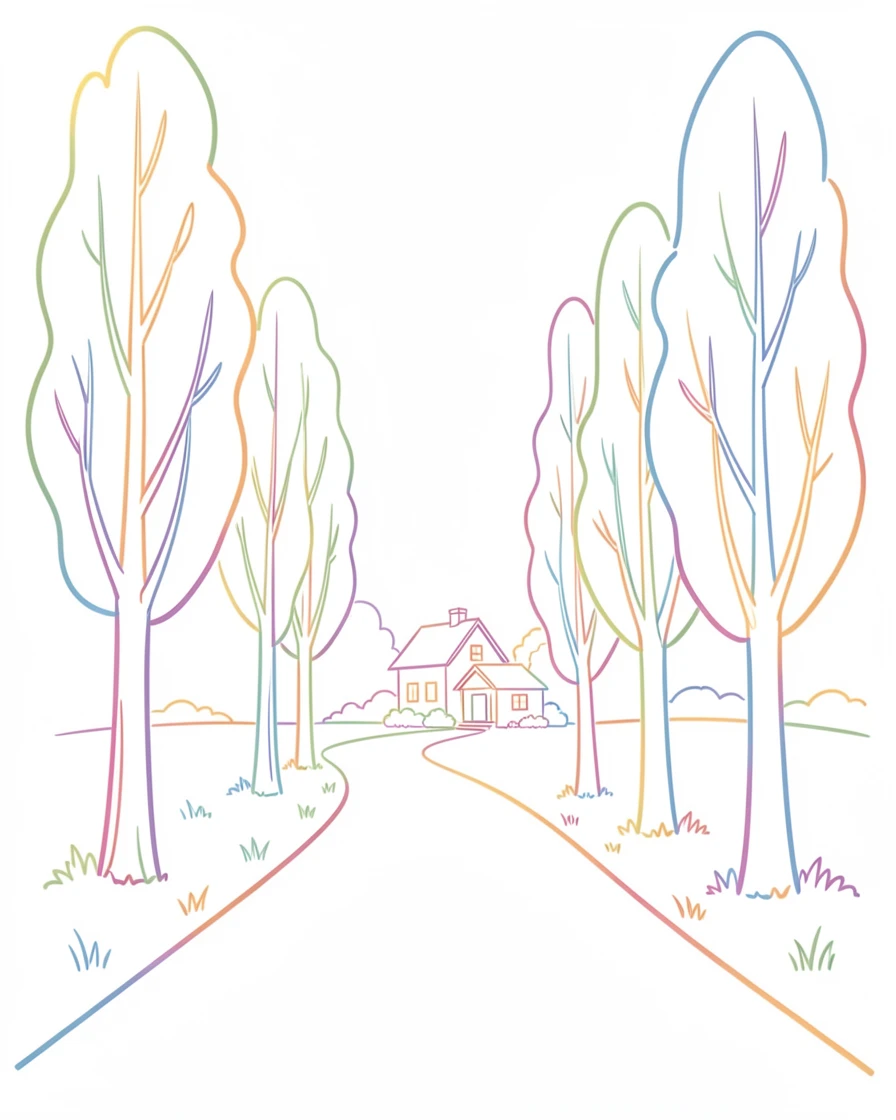 A quiet countryside road lined with tall poplar trees leading to a distant farmhouse.