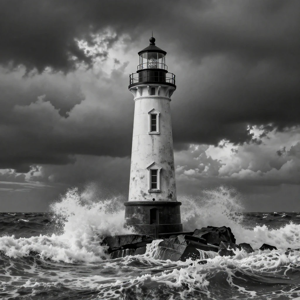 A lighthouse stands alone against crashing waves beside a stormy shoreline.