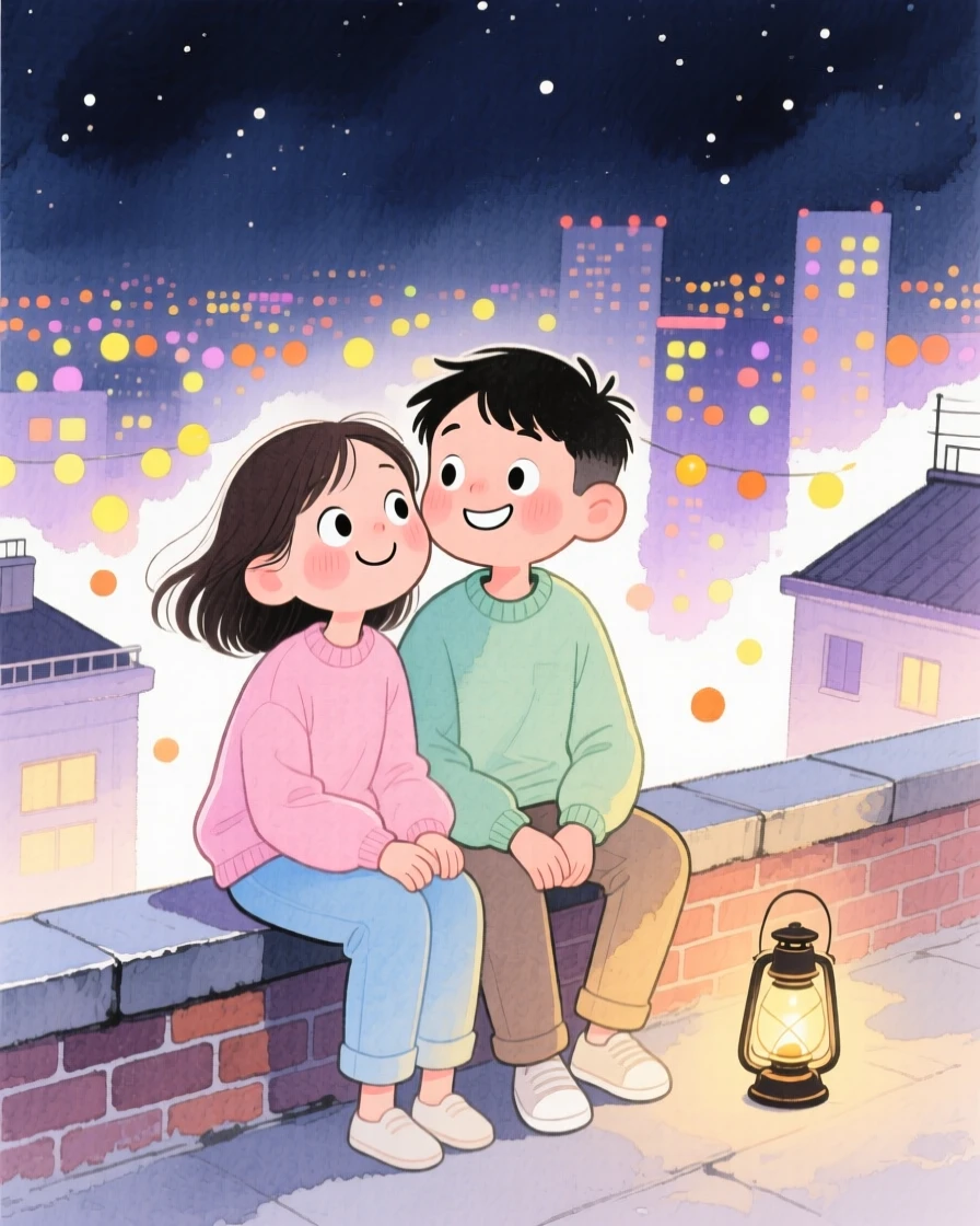 A couple reuniting after time apart sitting on a rooftop watching city lights twinkle