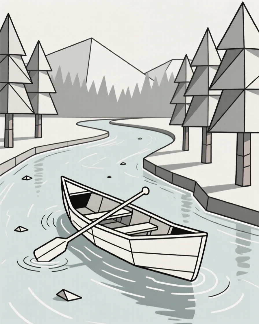 A canoe drifting along a quiet forest river