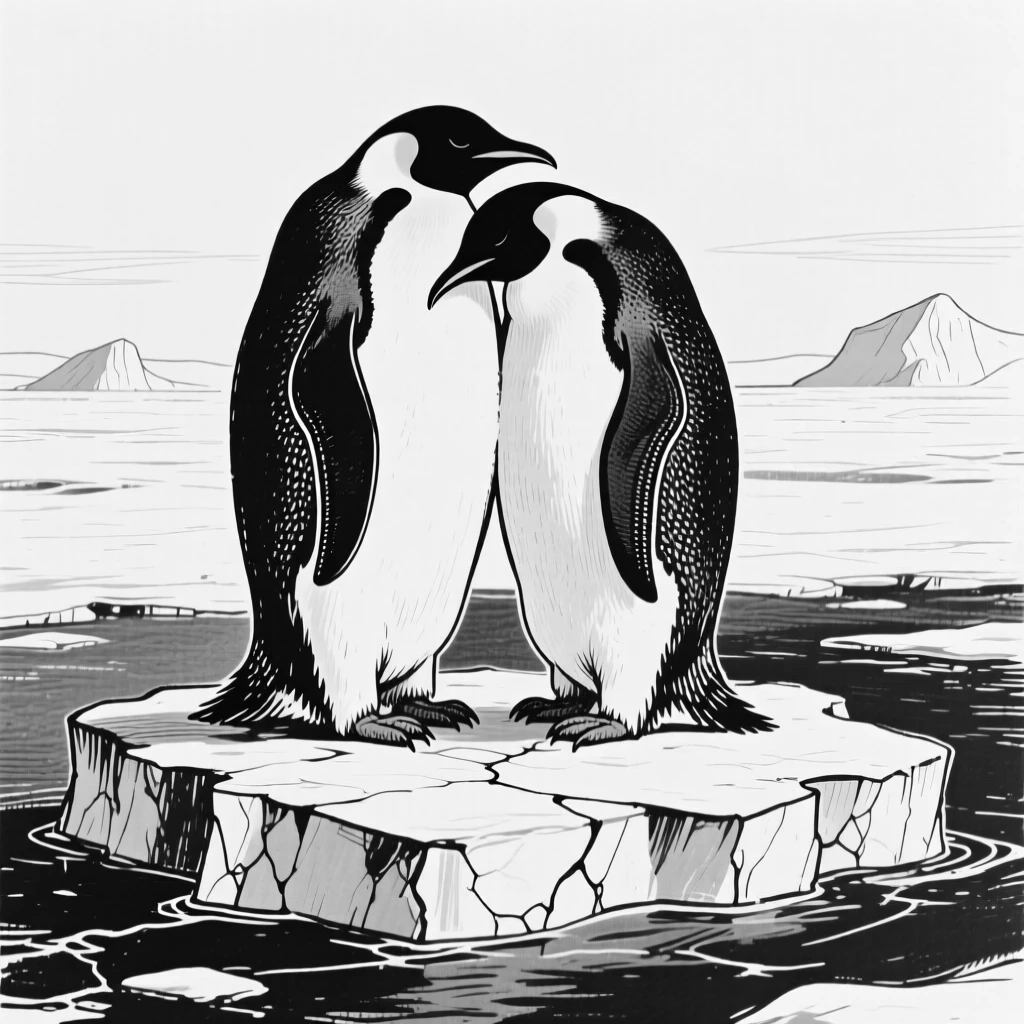 A pair of penguins huddled together on an ice floe in Antarctica.