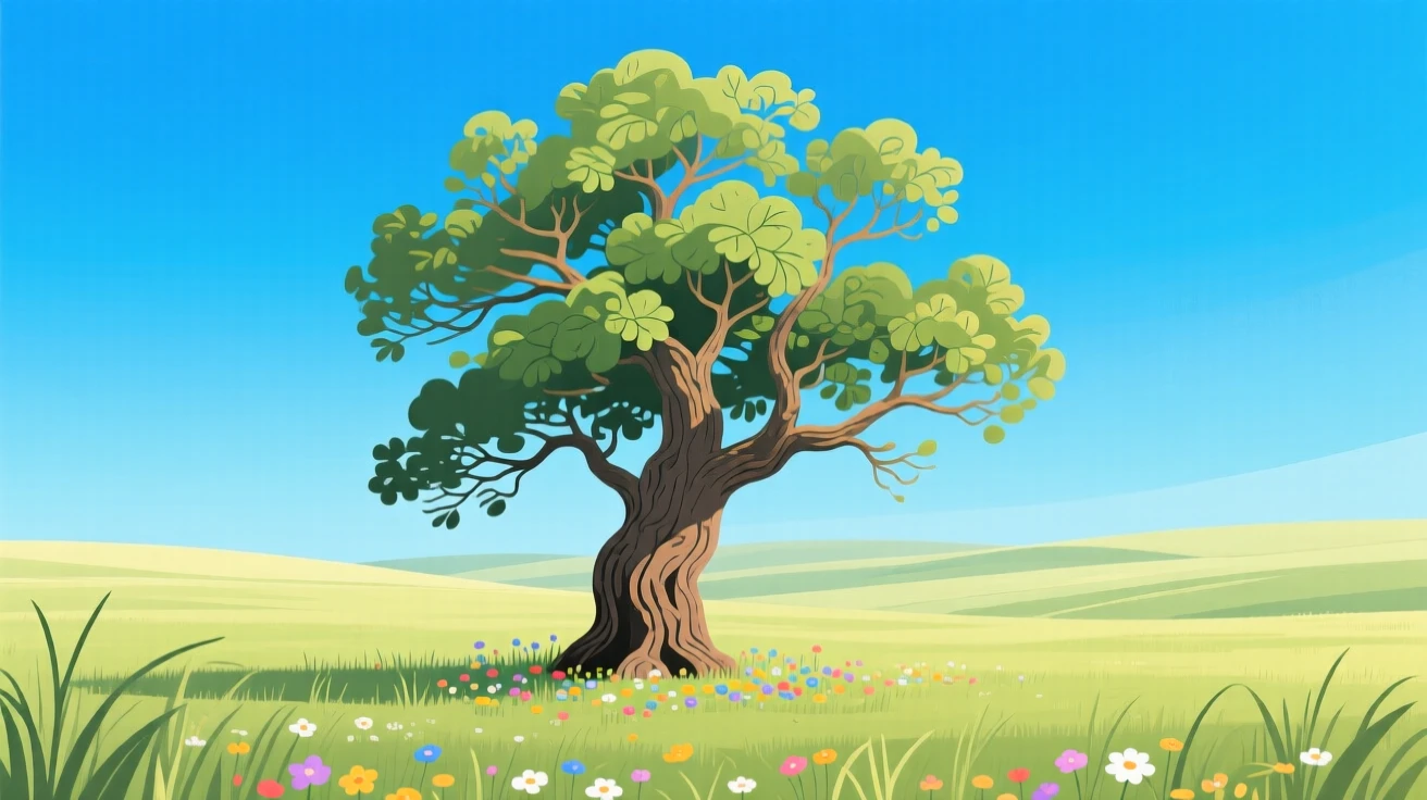 A single ancient oak tree standing alone in a meadow, beneath a vivid blue midday sky, arranged with layered depth creating a sense of vastness, with delicate textures visible in every leaf and petal.