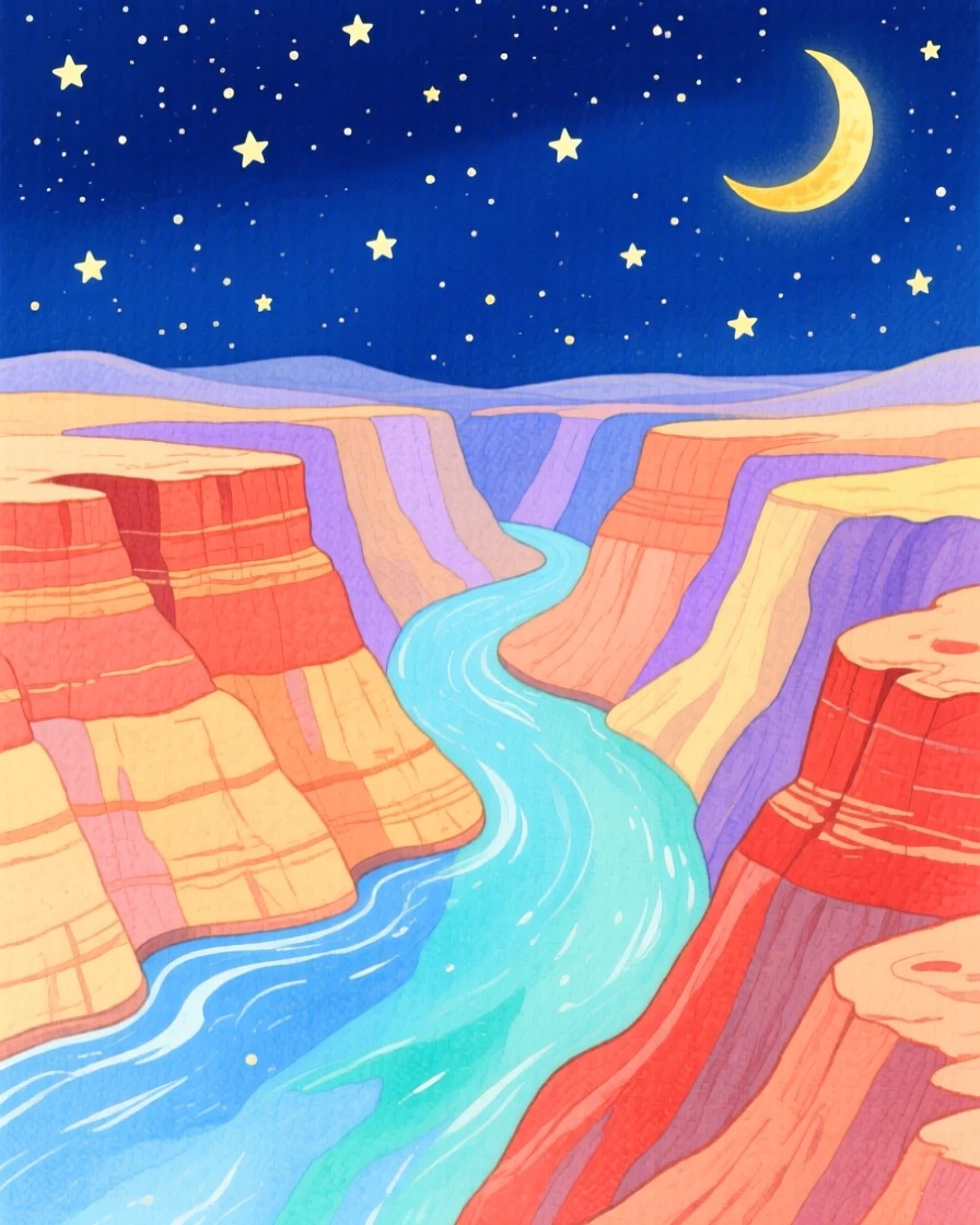 A sweeping view of a canyon carved by an ancient river beneath a starry night sky.