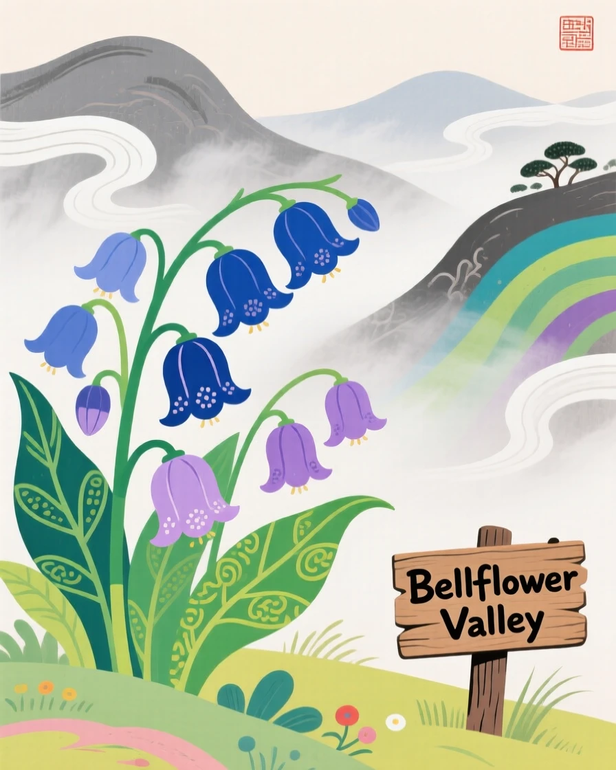 A cluster of bellflowers in a misty valley.