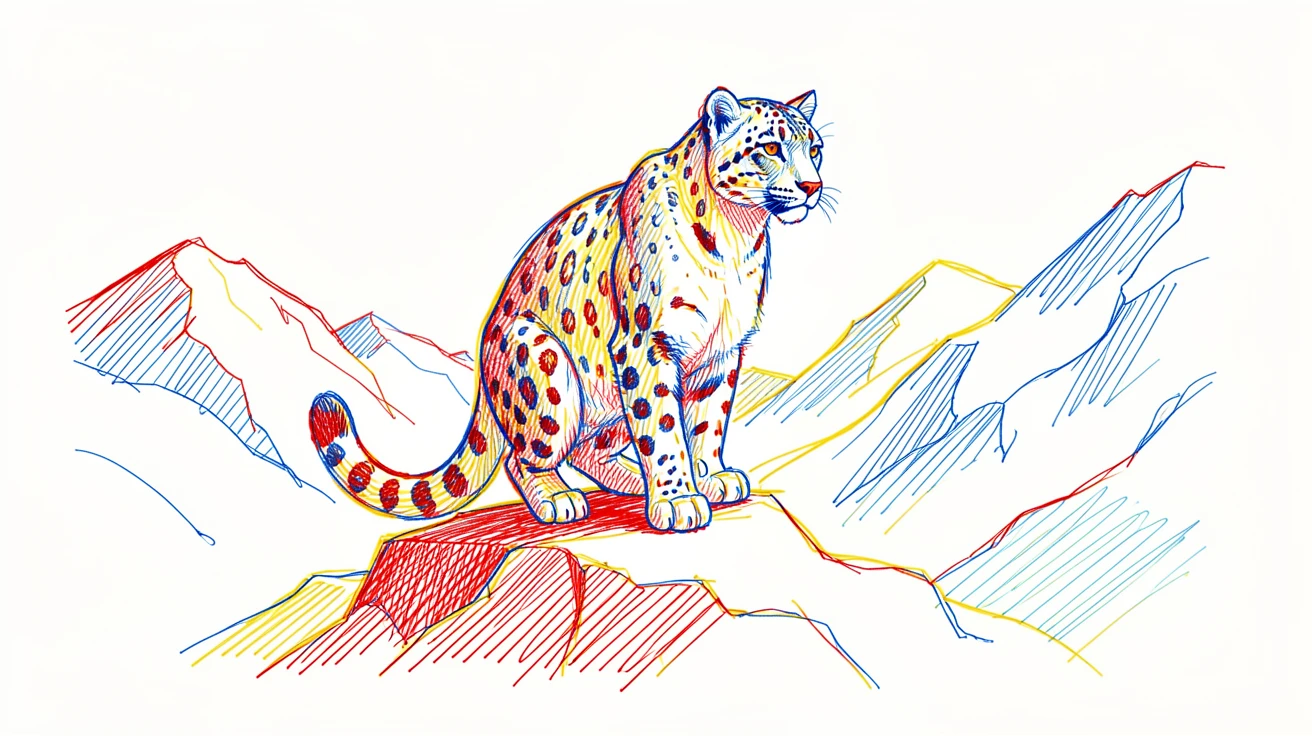 A snow leopard perched on a rocky ledge, blending into a mountainous winter landscape