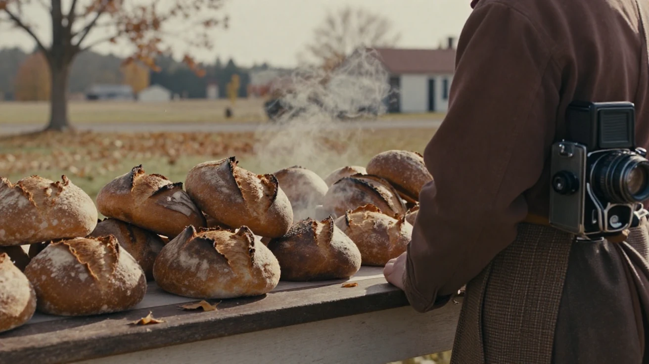 A rustic bakery counter with rows of golden-crusted loaves, under a pale winter sky, with a soft breeze stirring the air, in late autumn, dominated by warm amber and rust tones, over the shoulder of the main subject.