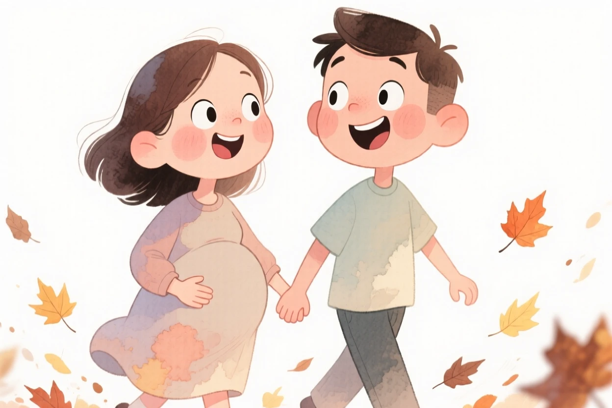 A couple expecting their first child, hands resting on a belly holding hands while walking through falling autumn leaves
