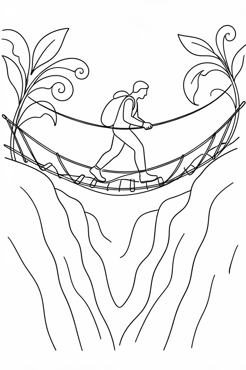 A hiker crossing a rope bridge suspended above a deep jungle canyon