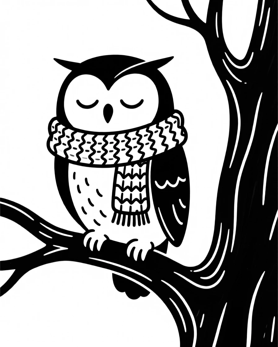A sleepy baby owl wearing a knitted scarf, perched on a tree branch.