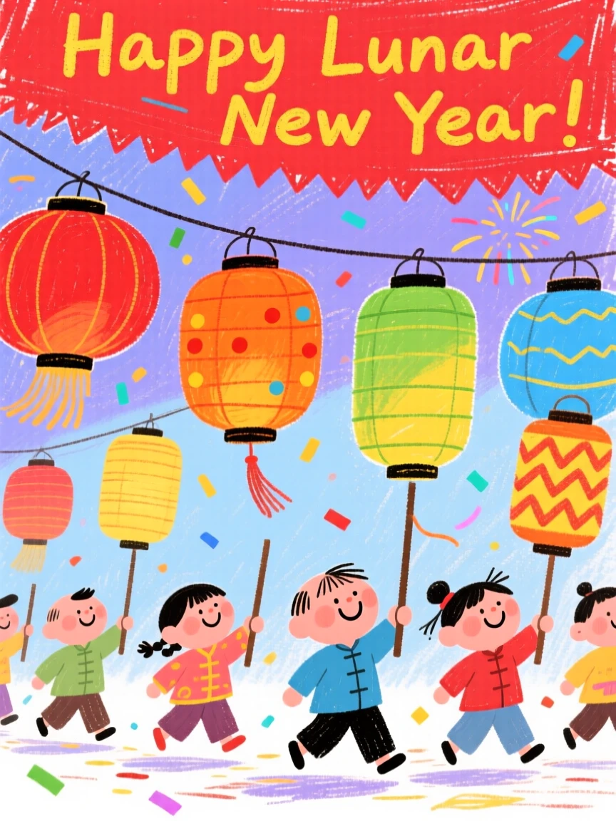 A parade of colorful lanterns during a Lunar New Year celebration.