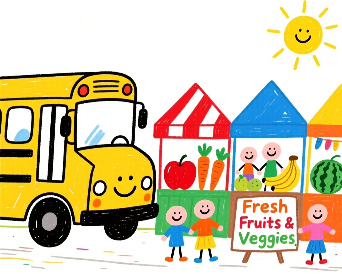 A big yellow school bus parked beside a colorful farmers market.