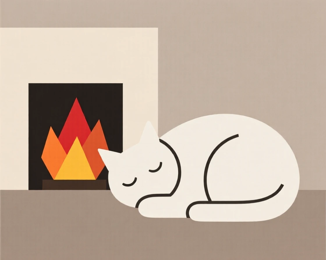 A cat curled up next to a warm fireplace