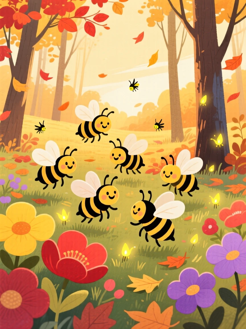 A group of bees visiting flowers playing joyfully in a golden autumn woodland as fireflies begin to glow.