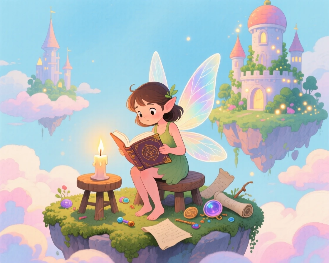 A curious fairy reading an ancient spellbook by candlelight, in a floating island kingdom above the clouds, radiating hope and heroic determination.
