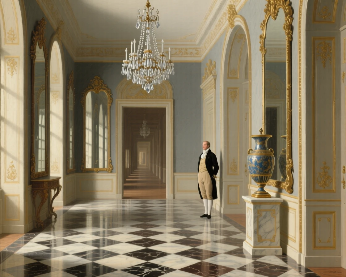 A grand foyer with a checkerboard marble floor and crystal chandelier awaiting the arrival of guests soon to fill its halls, set within a palace built for generations of nobility, with tall mirrors reflecting endless corridors of light and shadow; a lone figure or object provides scale against the soaring architecture, suggesting both luxury and profound stillness.