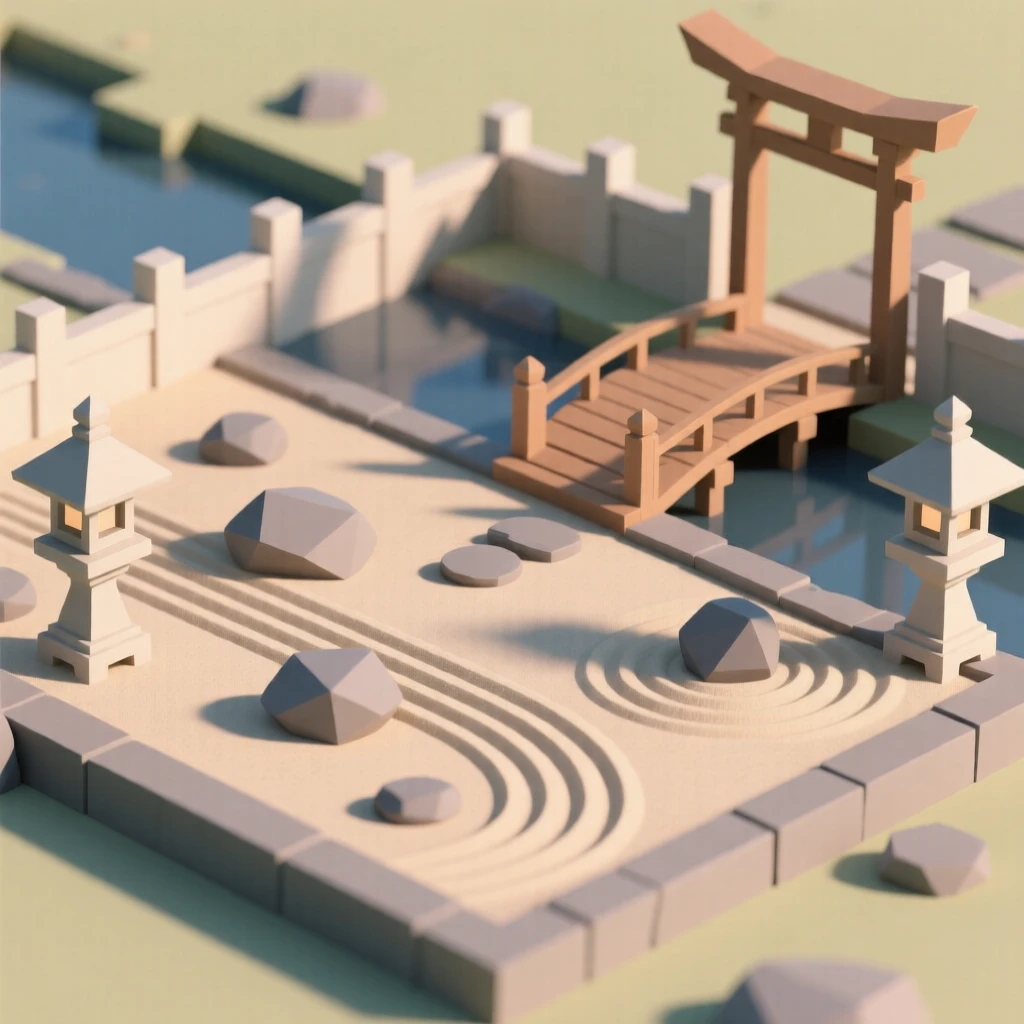 A tranquil Zen garden with raked sand and smooth stones, glowing warmly at sunset. fine architectural details are rendered with clarity. There is a warm sense of nostalgia.