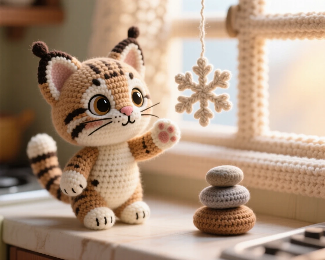 a small baby lynx kitten with tufted ear-tips and big paws is shown batting at a floating snowflake within a warm kitchen windowsill with morning light streaming in, accompanied by a few pebbles stacked in a small pile, capturing warm affection and comfortable belonging.