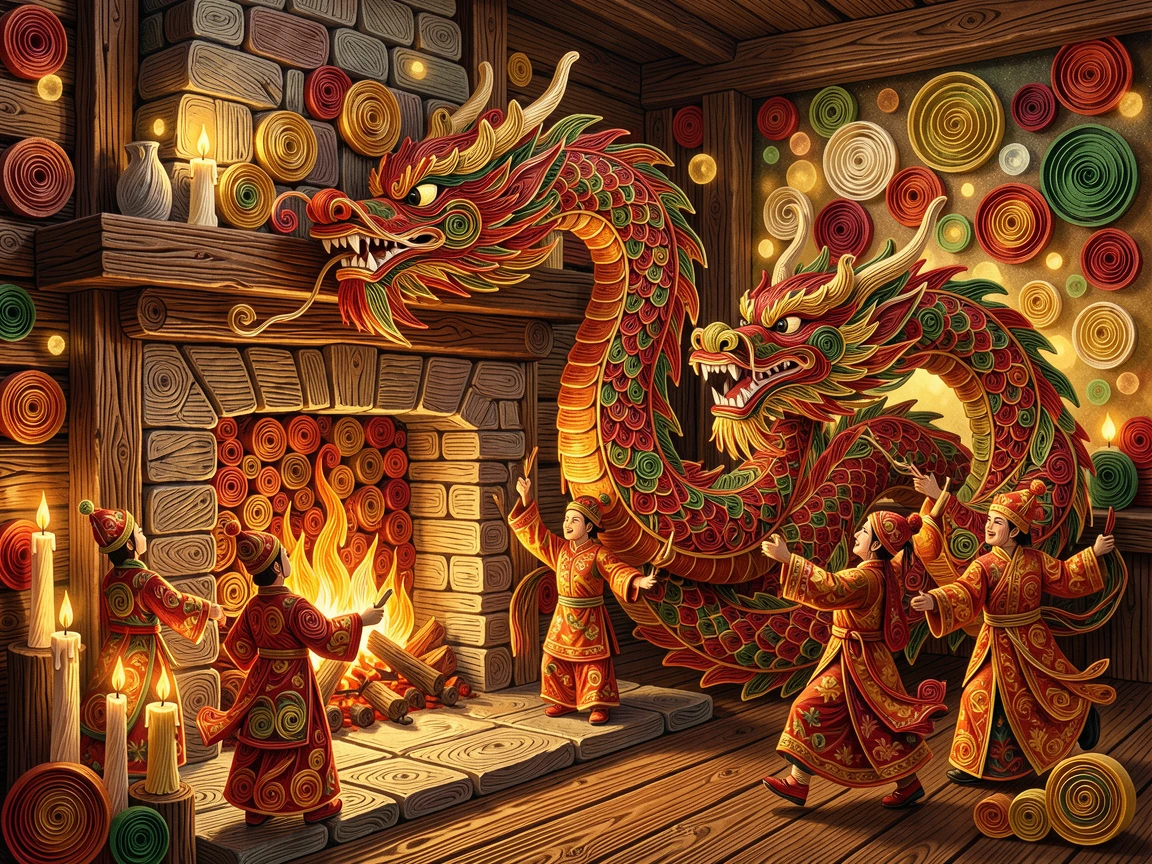 A festive holiday scene of a Lunar New Year dragon dance procession beside a crackling fireplace in a rustic cabin, with soft candlelight flickering throughout the scene, captured with festive bokeh lights in the background.