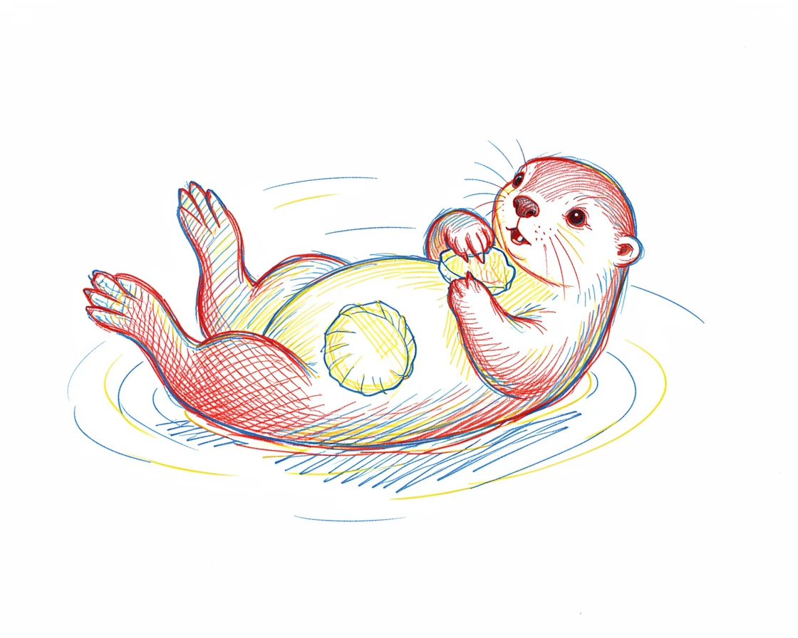 A curious sea otter floating on its back, cracking open a shell on its belly