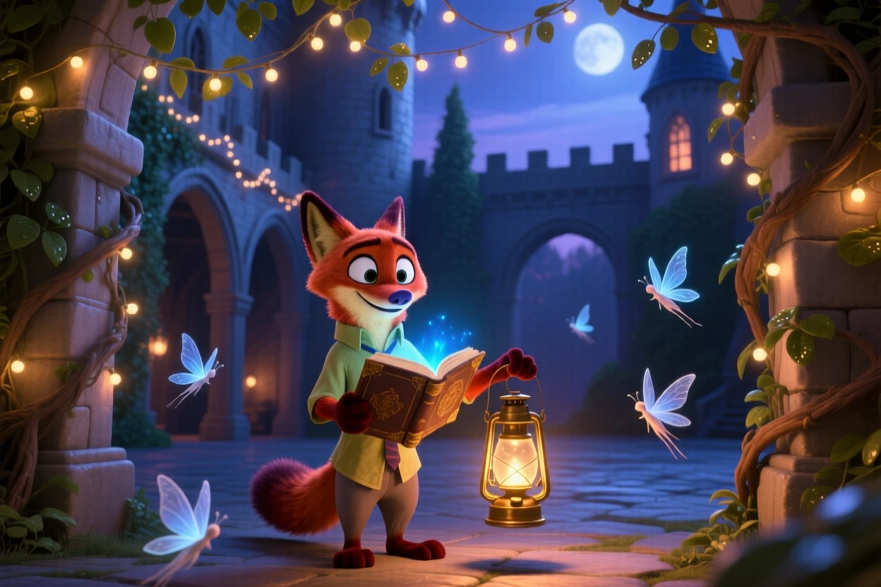 A talking fox with a lantern stands in a castle courtyard draped in twinkling vines, reading from an ancient glowing book. A magical, wondrous stillness fills the scene, with delicate wings catching the moonlight.