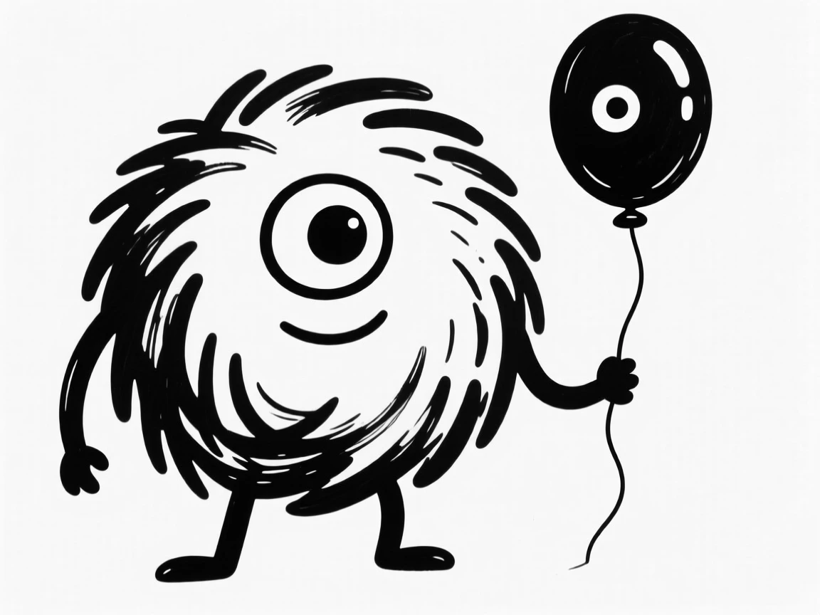 A round fuzzy monster with one big eye holding a balloon shaped like itself.
