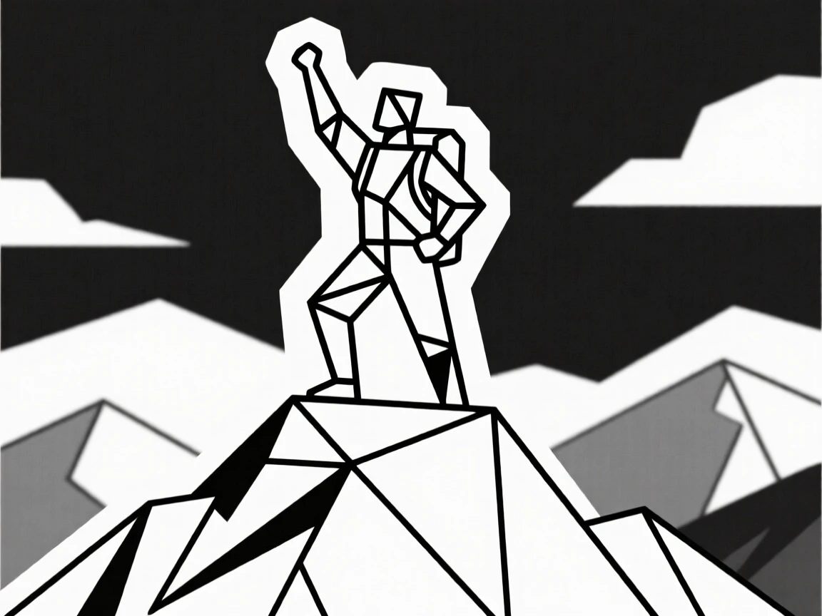 A hiker standing triumphant atop a mountain peak