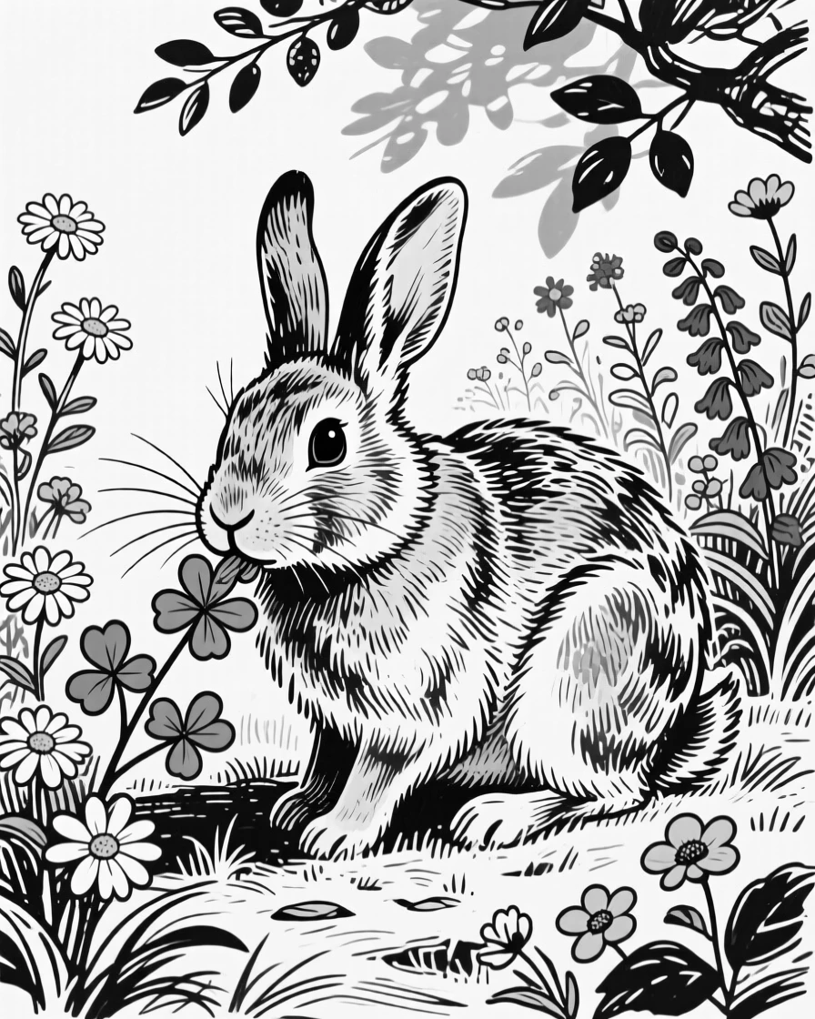 A rabbit nibbling clover in a sunlit garden surrounded by wildflowers.