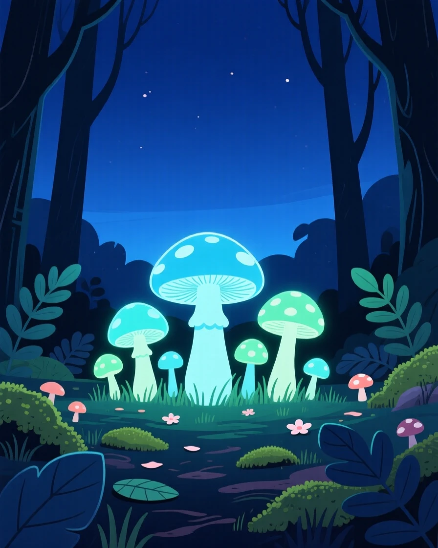 A cluster of glowing mushrooms on a forest floor, under a deep indigo twilight sky, framed symmetrically to create a calm, balanced feel, with delicate textures visible in every leaf and petal.