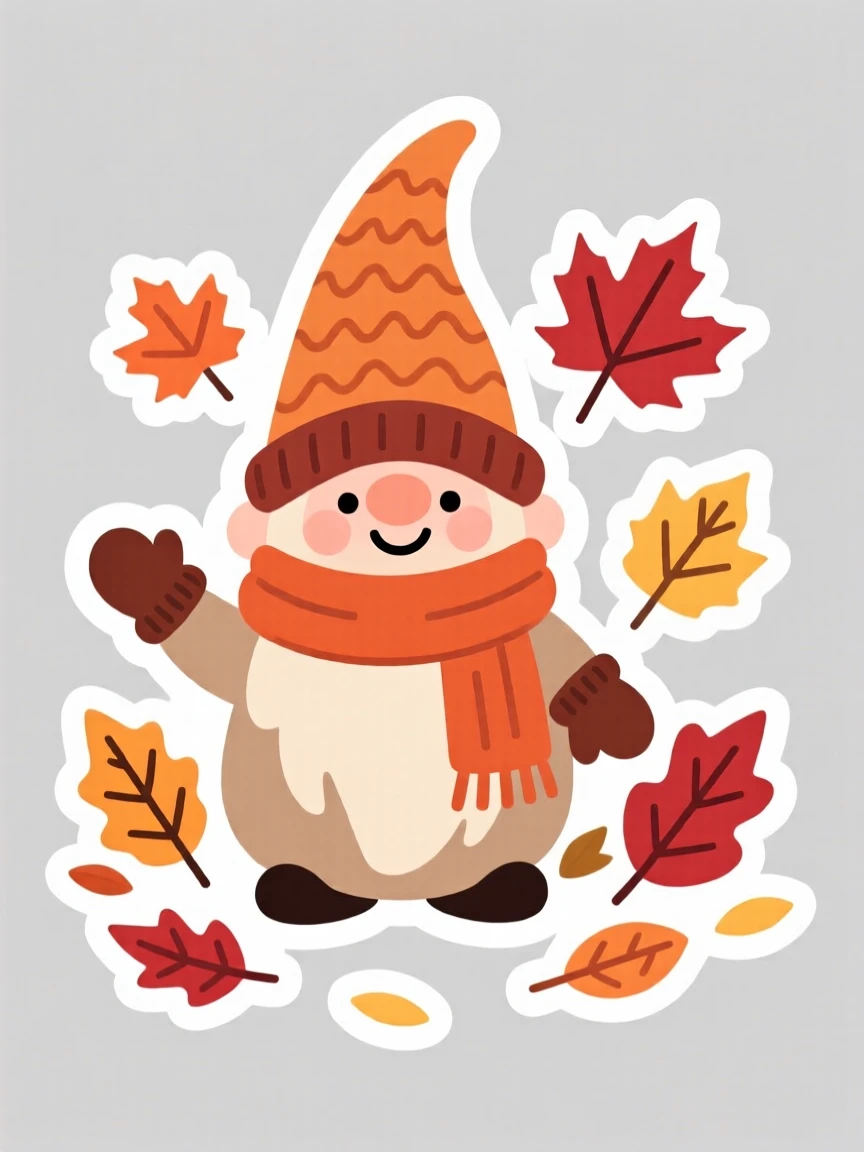 A gentle cheerful gnome wearing tiny mittens and a scarf, among scattered autumn leaves.